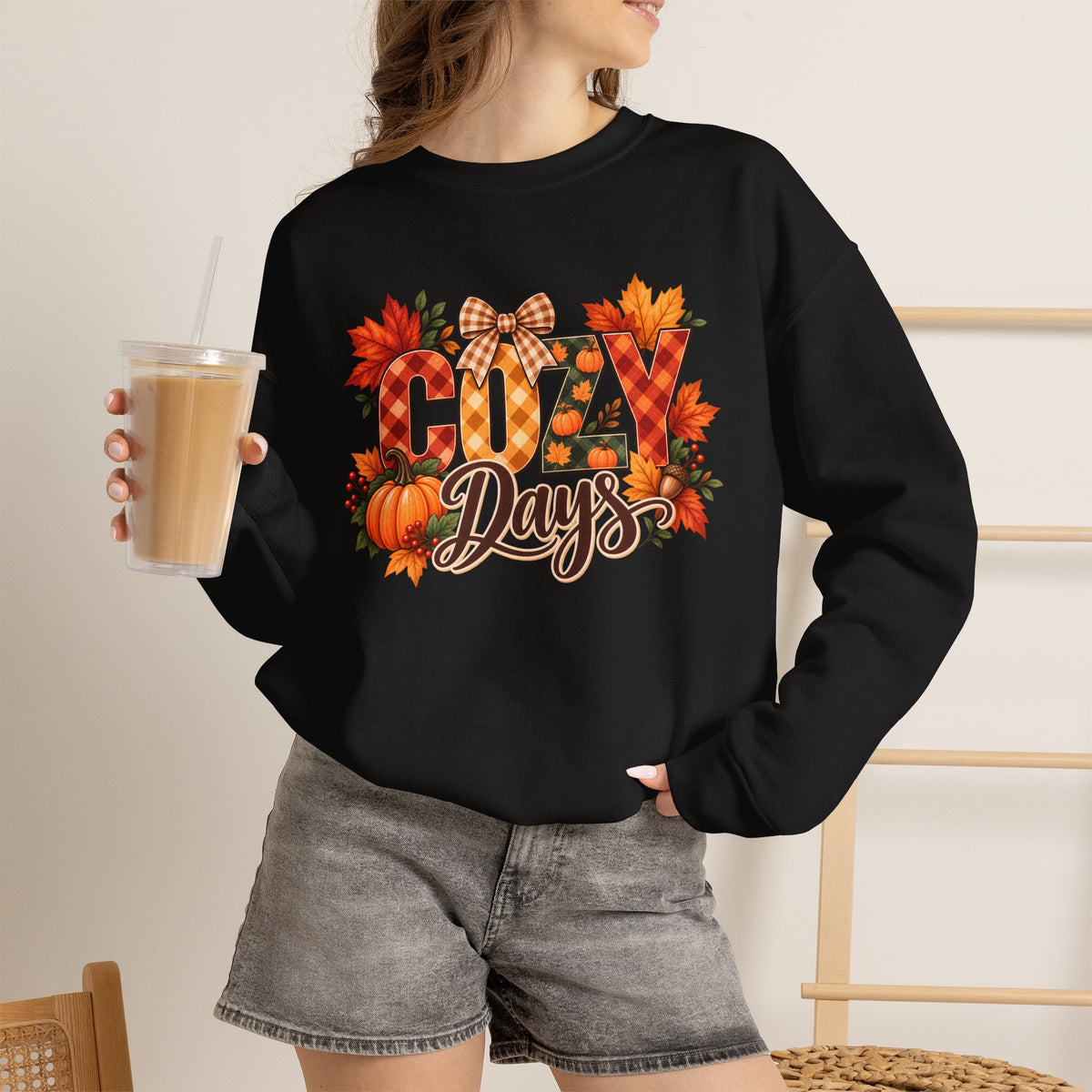 Cozy Days Sweatshirt,  Fall Pumpkin & Plaid Crewneck - 14525