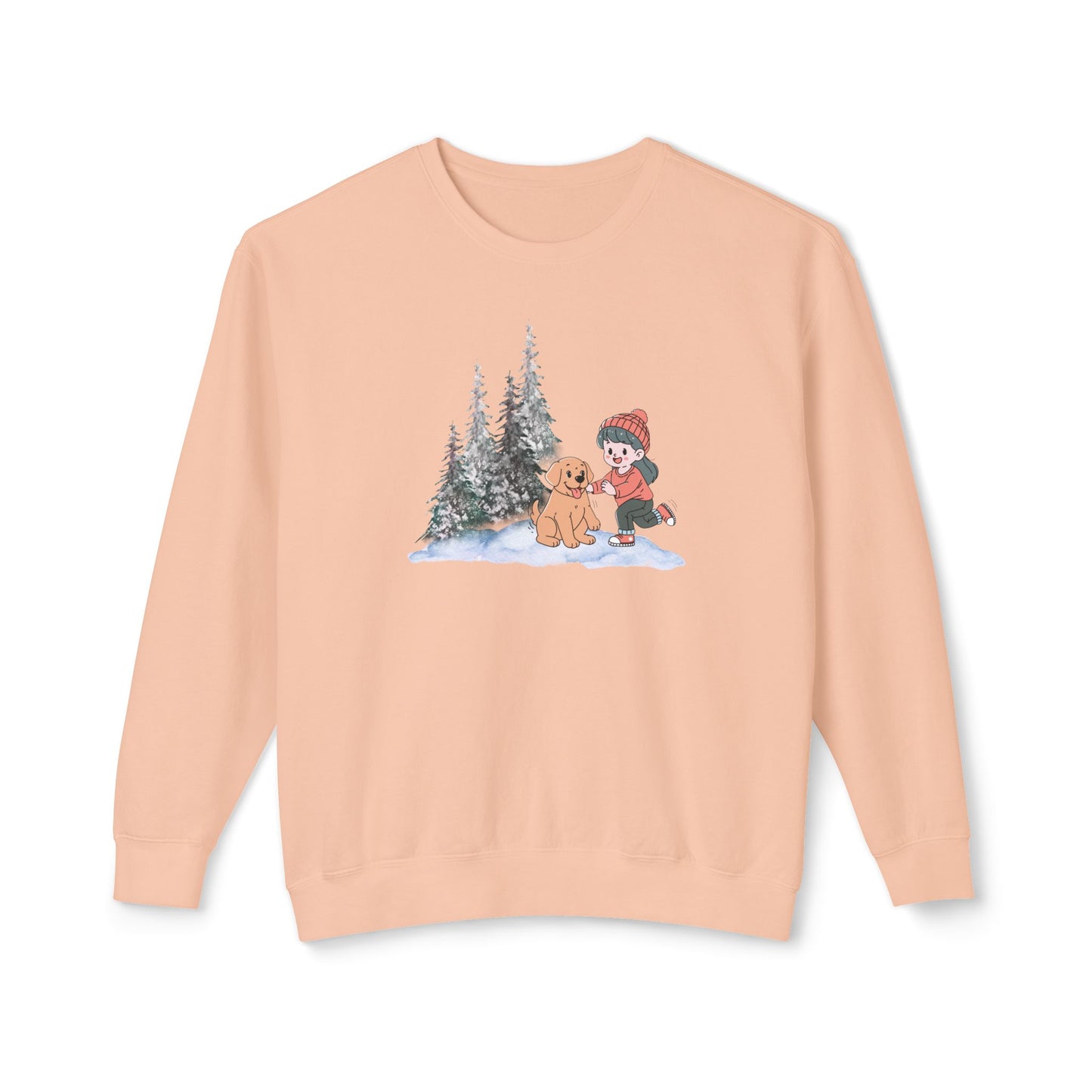 Winter Trees, Girl & Doggy - Unisex Lightweight Crewneck Sweatshirt - 10262