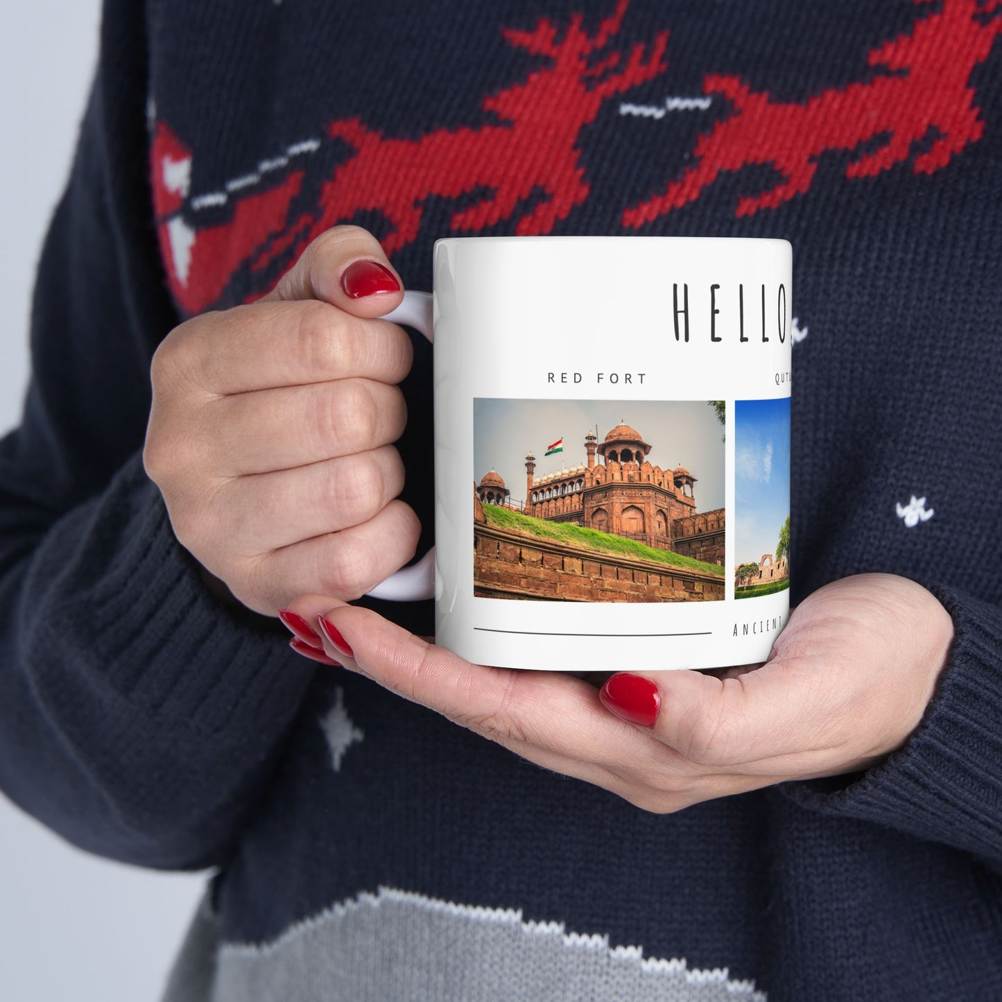 Hello Delhi! Ceramic Mug - 11oz & 15oz Travel Souvenir with Scenic Landmarks - 12025
