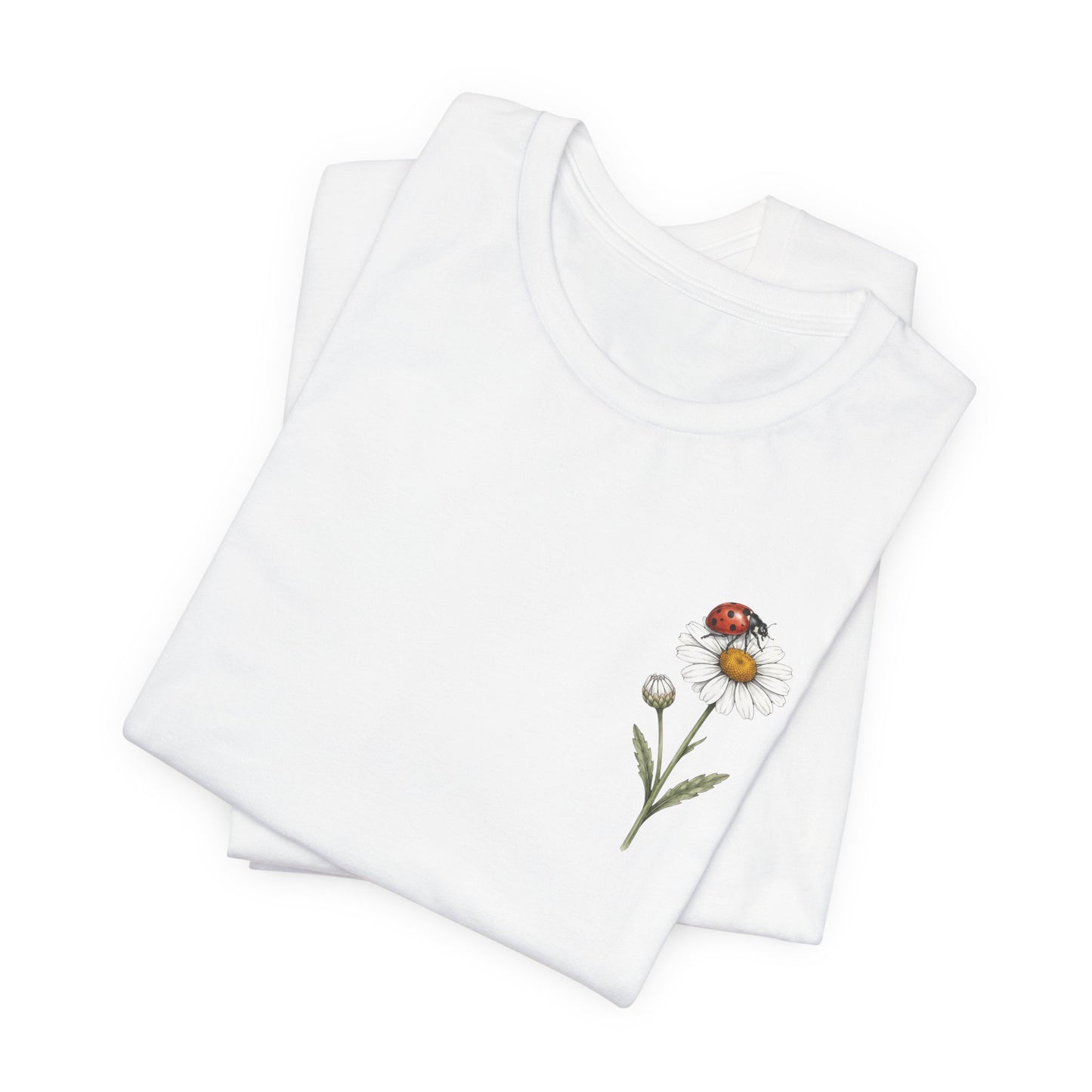 Daisy & Ladybug Floral T-Shirt, Minimal Wildflower Pocket Graphic Tee - 14963