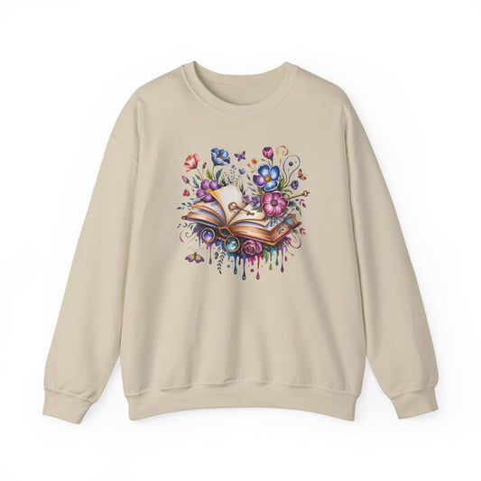 Floral Magic Book Crewneck Sweatshirt – Colorful Open Book Art for Book Lovers - 14831