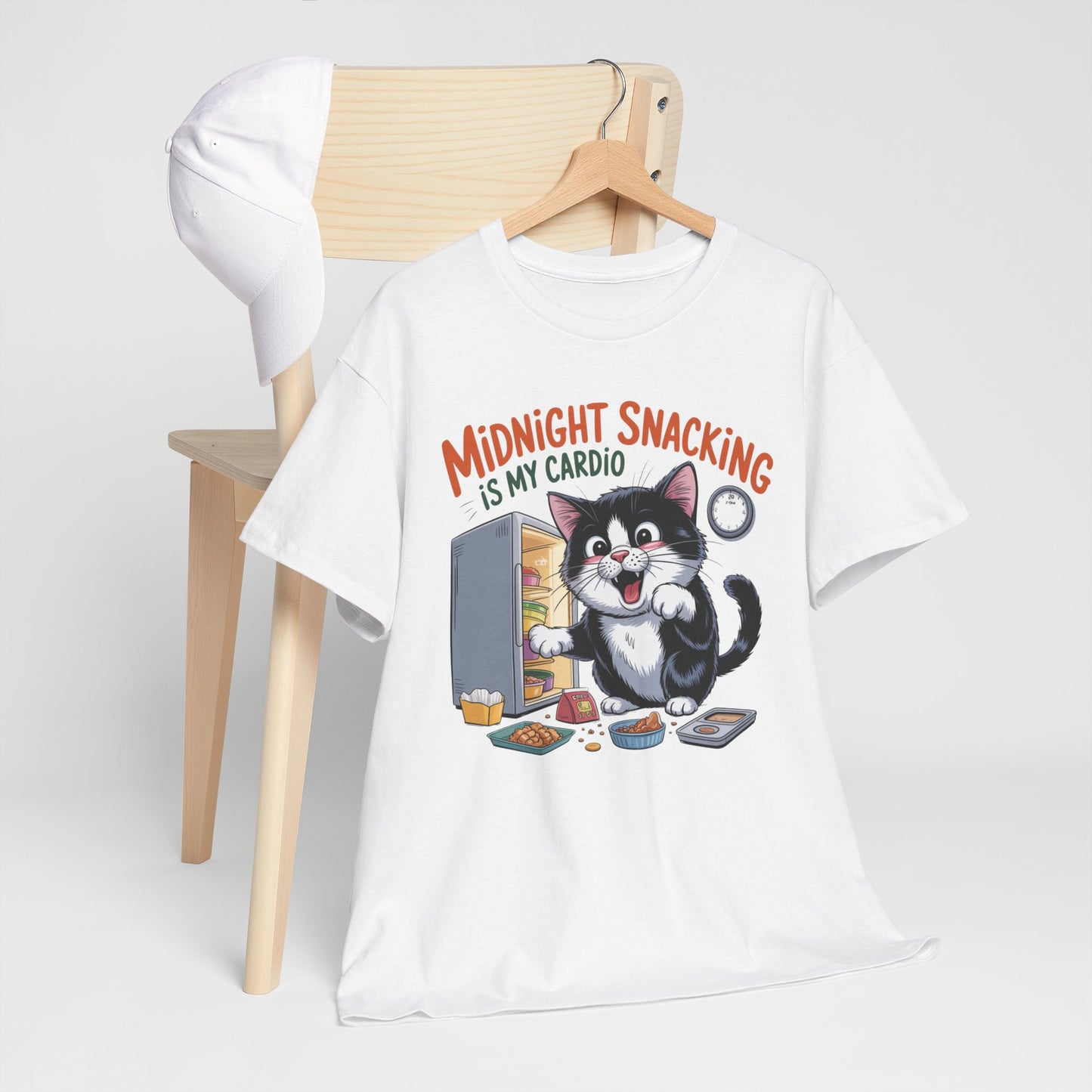 Midnight Snacking Is My Cardio T-Shirt — Funny Cat Graphic Tee, Cute Food Lover Gift - 14865