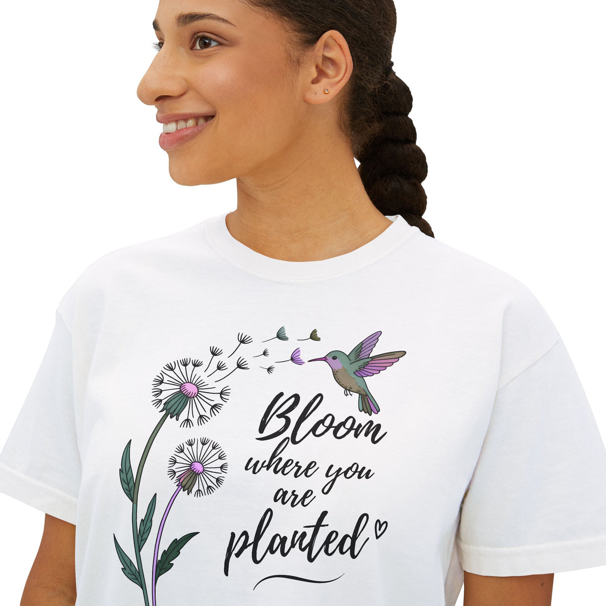 Bloom Where You’re Planted Boxy Tee, Women’s Hummingbird Floral Inspirational T-Shirt - 14926