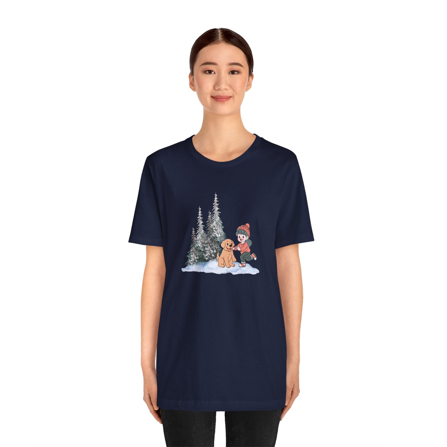 Winter Trees, Girl & Puppy - Unisex Jersey Short Sleeve Tee - 10279