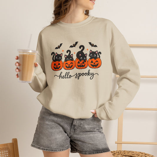 Hello Spooky Sweatshirt, Cute Black Cat & Pumpkin Halloween Crewneck - 14540
