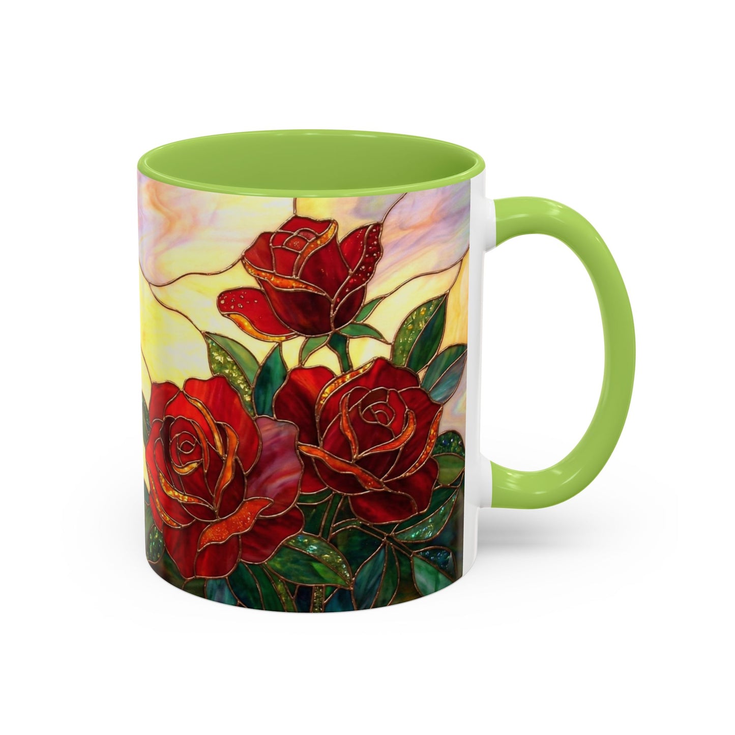 Rose Stained Glass Accent Coffee Mug – Red Roses Floral 11/15oz - 14539