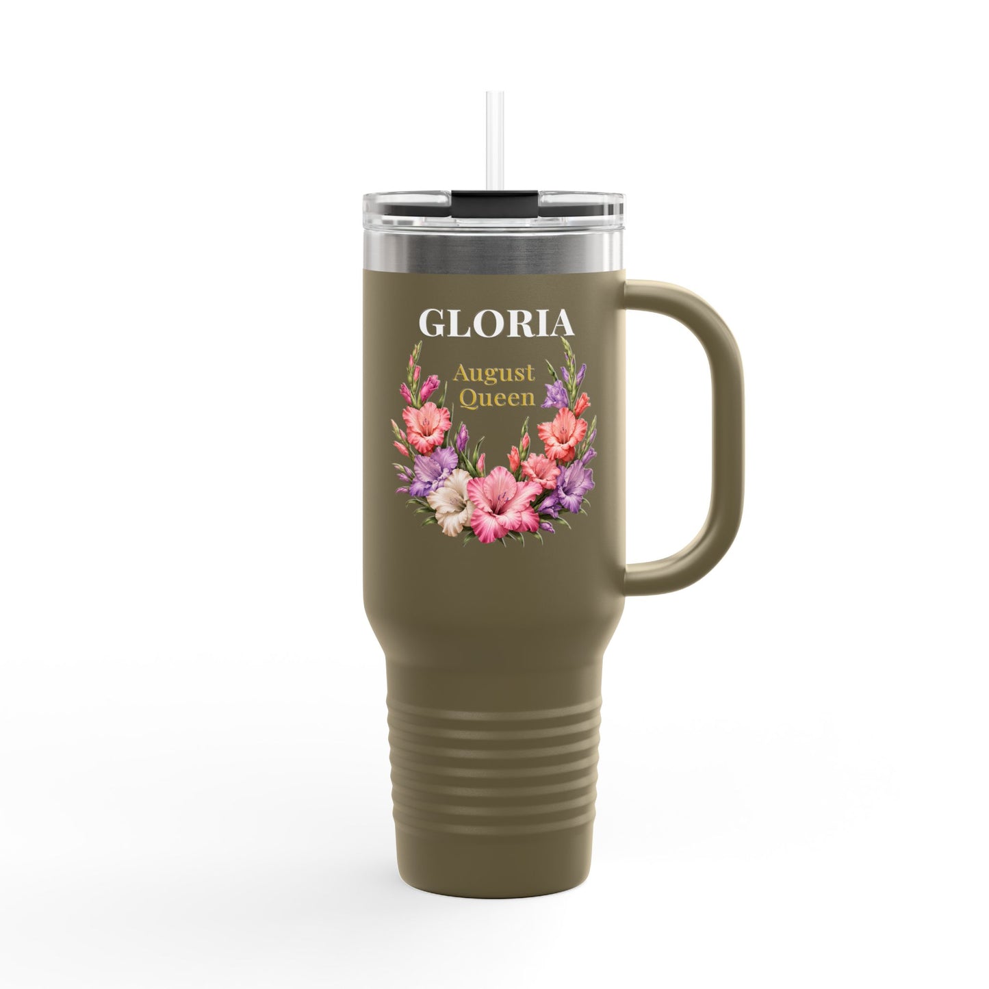 Personalized August Queen 40oz Insulated Travel Mug – Custom Name Floral Birthday Tumbler - 14917