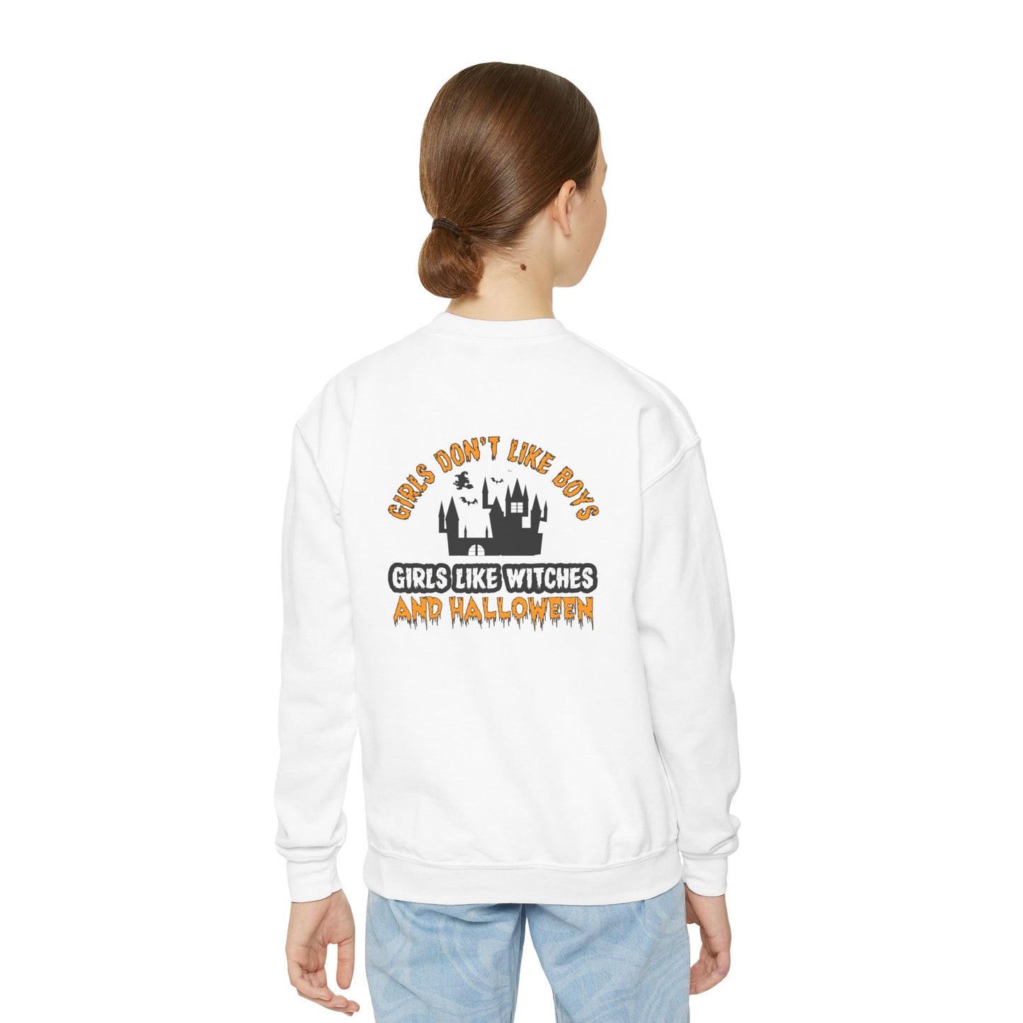 Girls Don't Like Boys. Girls Like Witches and Halloween - Youth Crewneck Sweatshirt