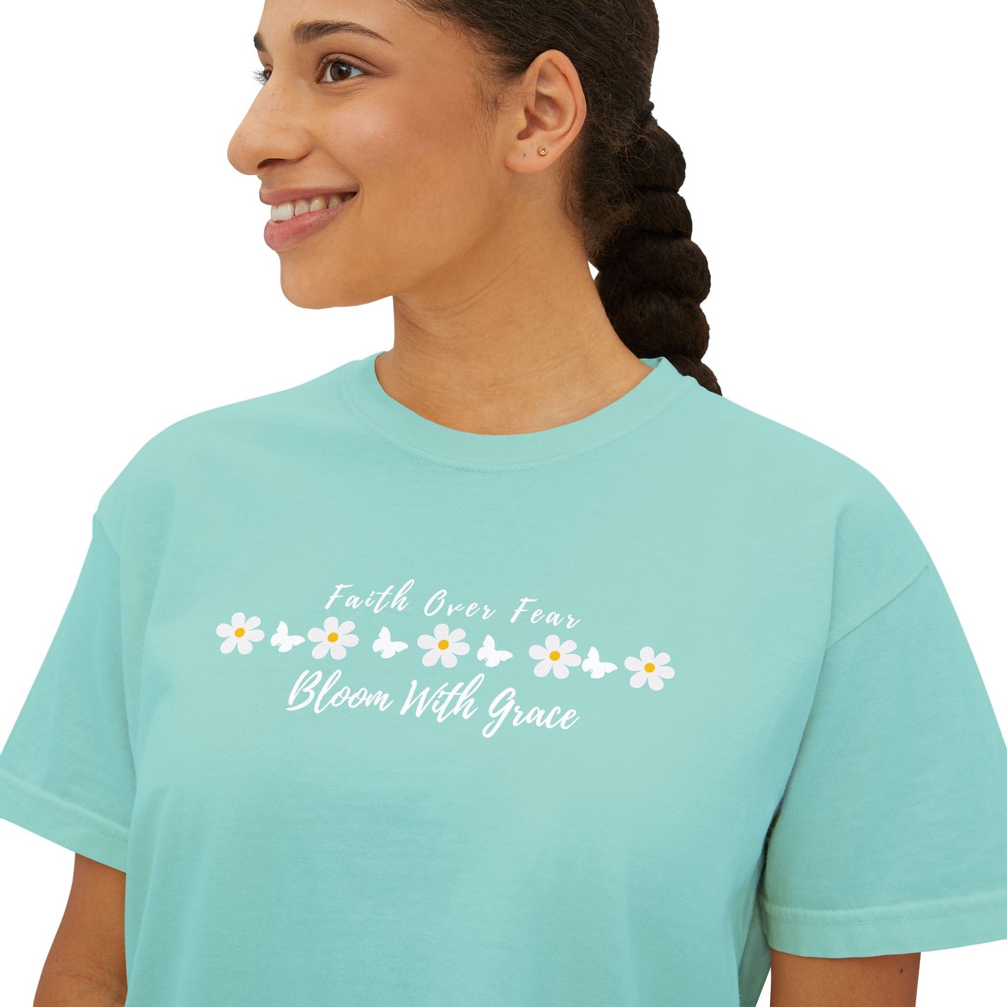Faith Over Fear Floral Boxy Tee, “Bloom With Grace” Christian Crop Shirt - 14950