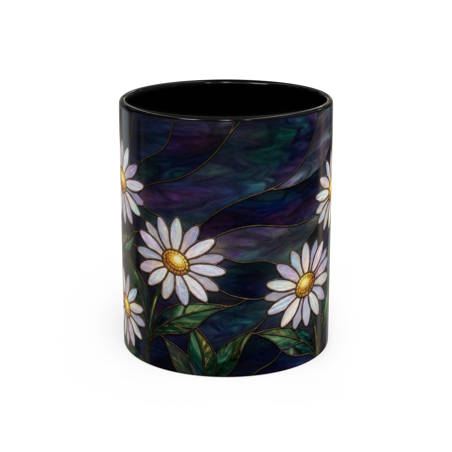 Daisy Stained Glass Accent Coffee Mug — White Daisies on Midnight (11/15oz) - 14535