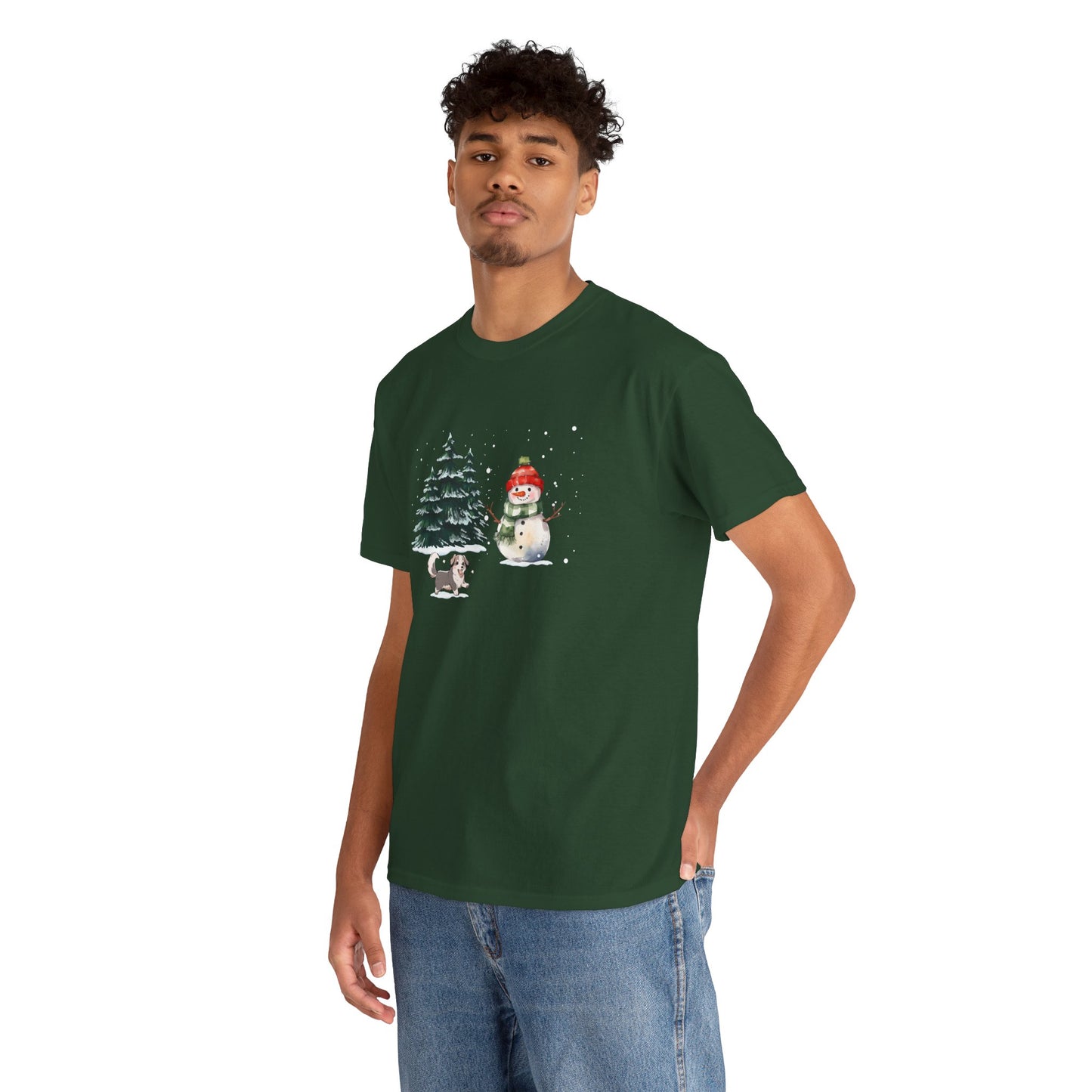 Winter Trees, Snowman & Puppy - Unisex Heavy Cotton Tee - 10278