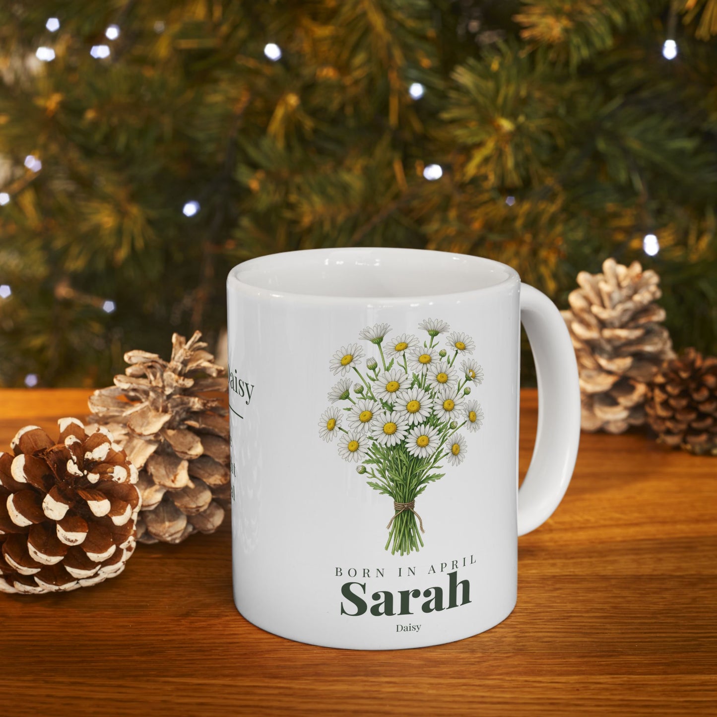Personalized April Daisy Birth Flower Mug – Custom Name Floral Coffee Cup, "Pure Bright Loyal" Birthday Gift (11oz, 15oz)  - 14832