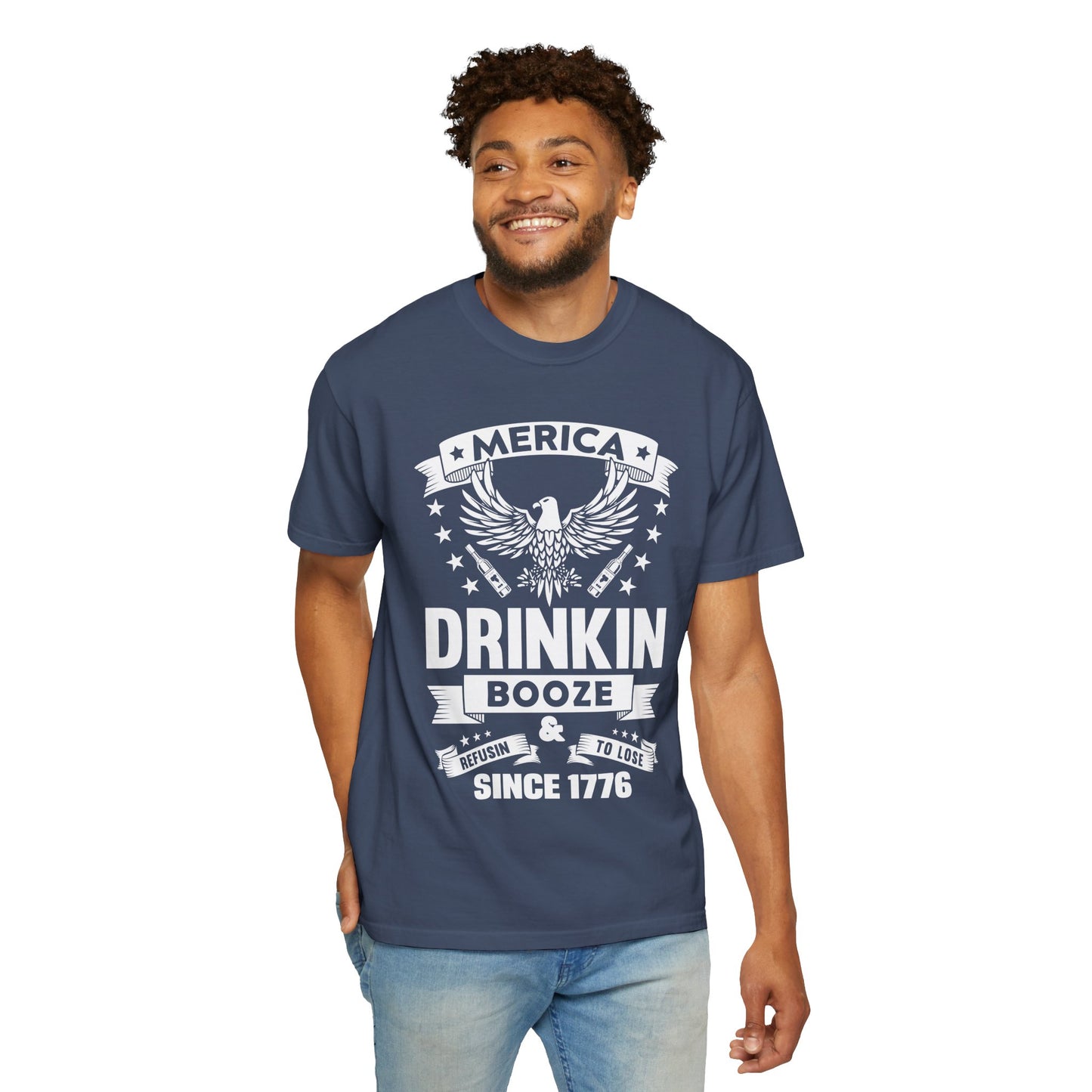 Patriotic Graphic Tee, Unisex Vintage T-shirt, Amerca Drinking Booze Shirt, Independence Day Gift, Casual Wear, Freedom Fashion - 13788