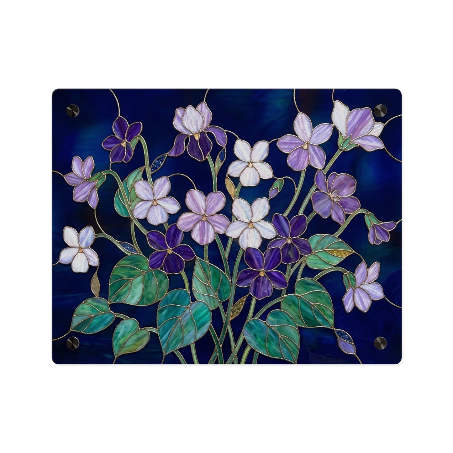 Violet Floral Acrylic Wall Art Panel — Purple Violets on Deep Blue - 14600