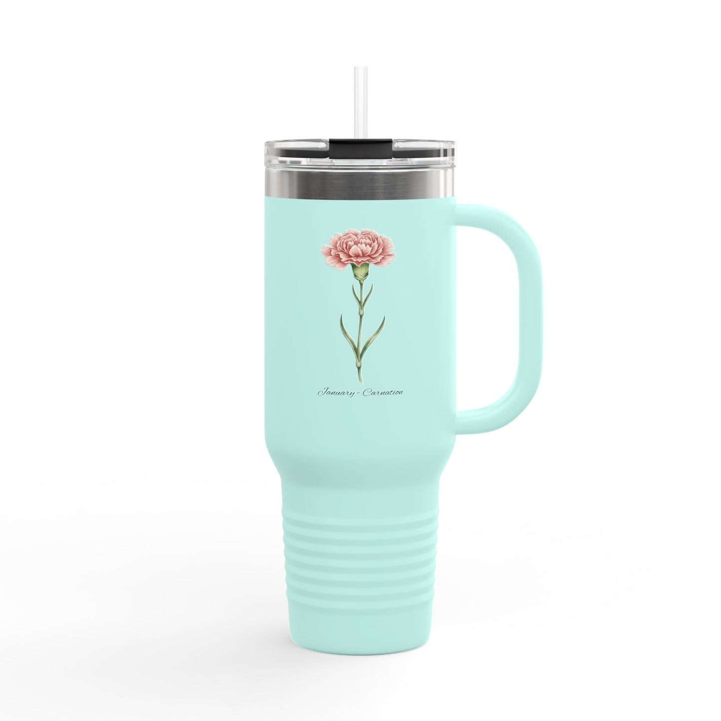 Carnation Floral Tumbler – January Birth Flower Gift | 40oz Insulated Travel Mug, Customizable — 14667