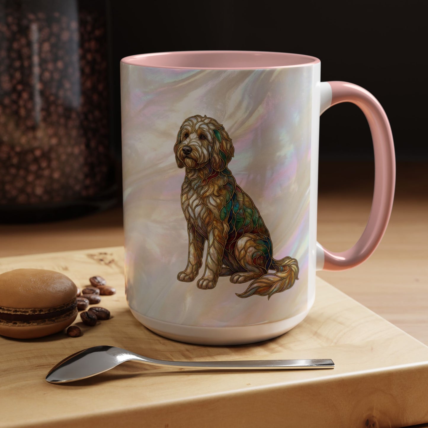 Personalized Dog (Goldendoodle) Coffee Mug - Accent Ceramic Mug with Name and Stained Glass Design - 14530