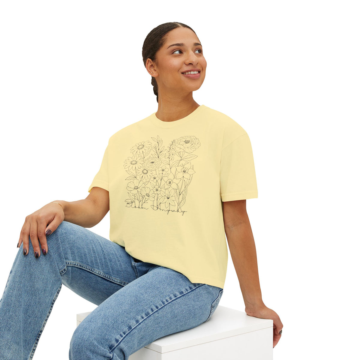 Floral Line Art Boxy T-Shirt, Women’s Botanical Sketch Tee - 14987