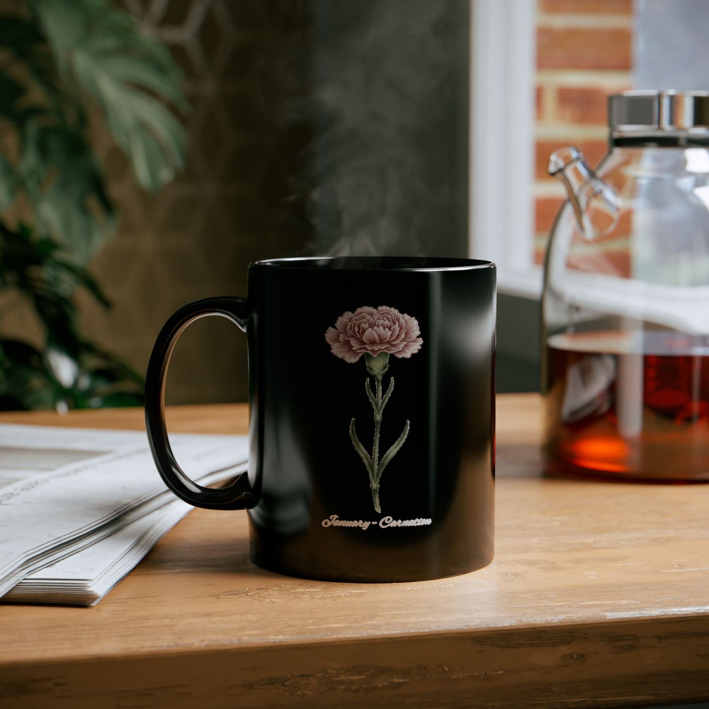 January Carnation Birth Flower Black Mug – Customizable (11oz & 15oz) - 14670