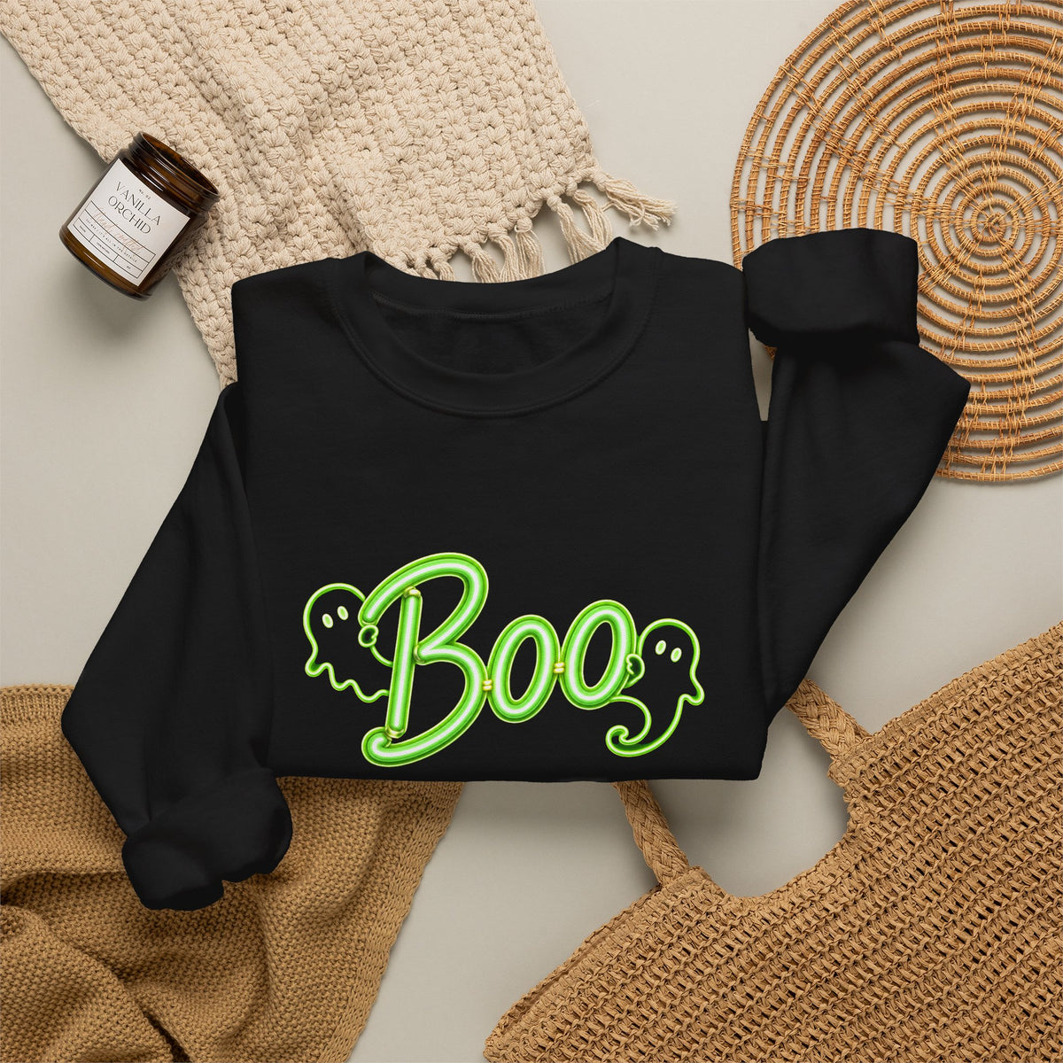 Neon Boo Halloween Sweatshirt, Cute Ghost Crewneck - 14517