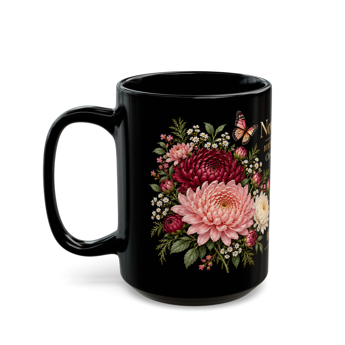November Chrysanthemum Birth Flower Mug, Personalized Black Floral Mug - 14546
