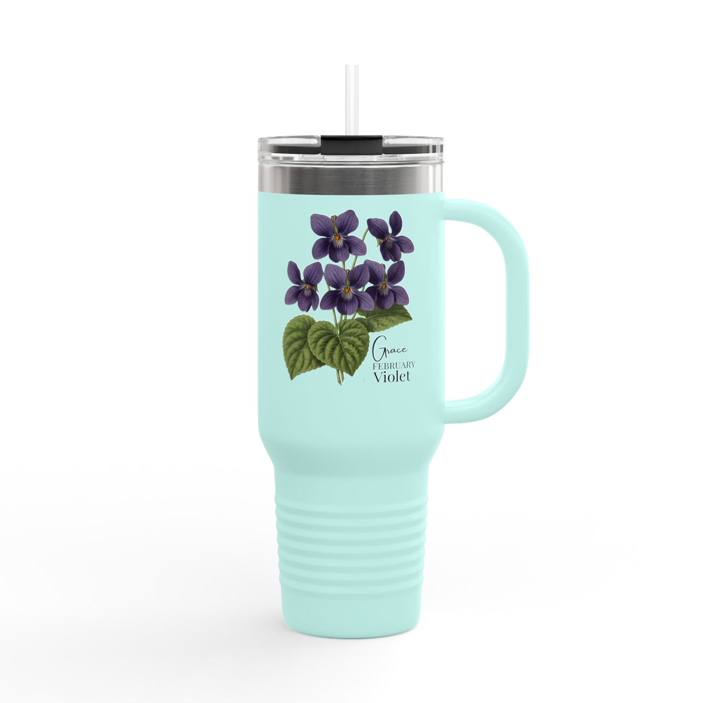 Violet Floral Tumbler – February Birth Flower Gift | 40oz Insulated Travel Mug, Customizable — 14688
