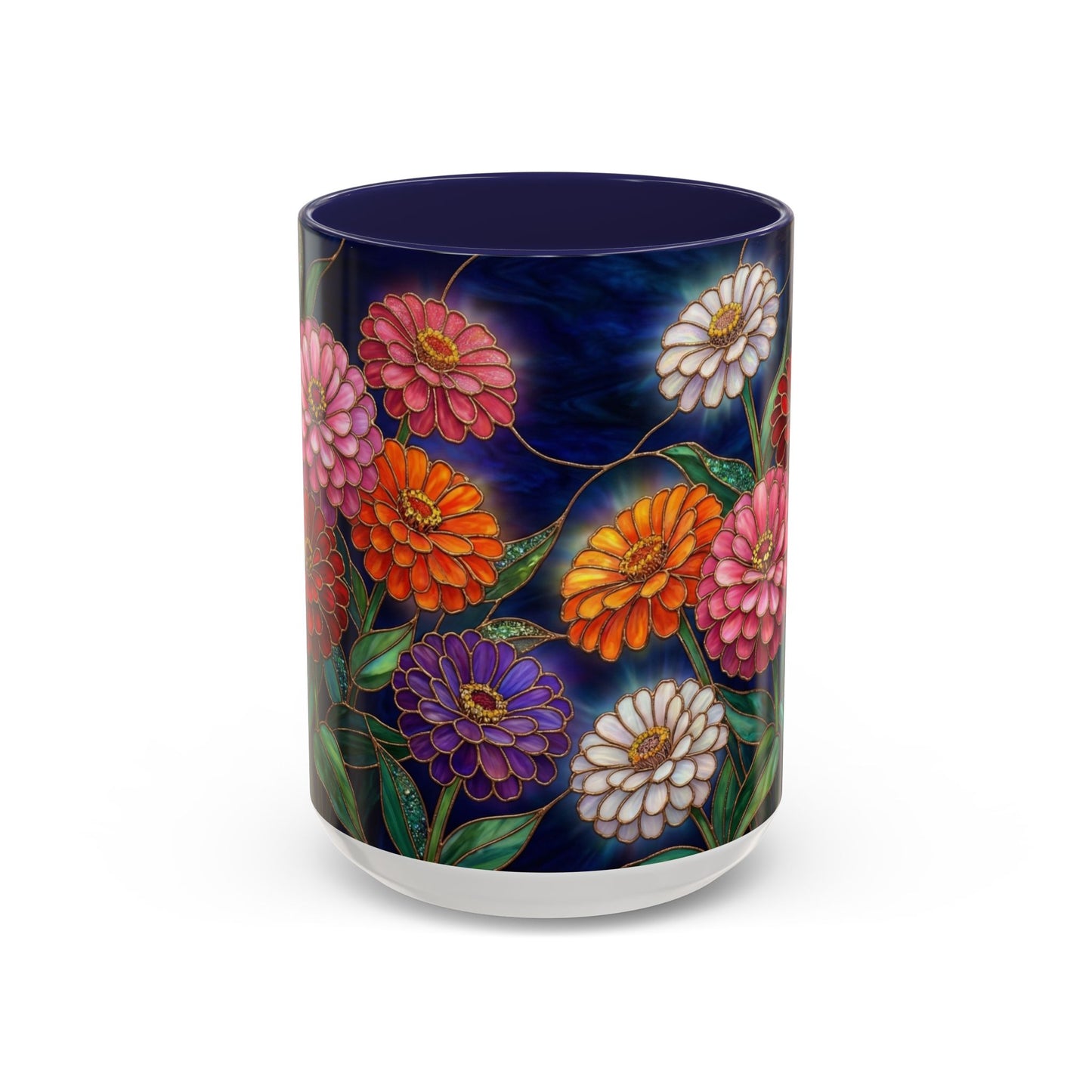 Zinnias Floral Accent Coffee Mug — Stained Glass Design 11/15oz - 14591
