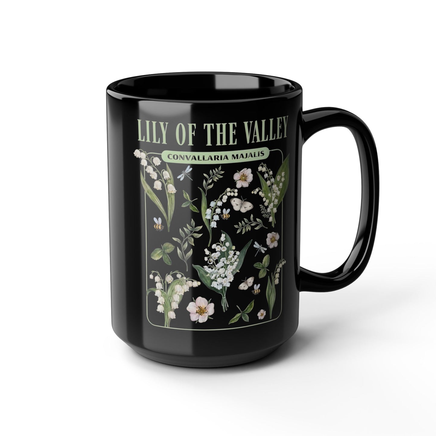 May Birth Flower Mug – Lily of the Valley Black Ceramic Coffee Cup (11oz, 15oz) - 11887