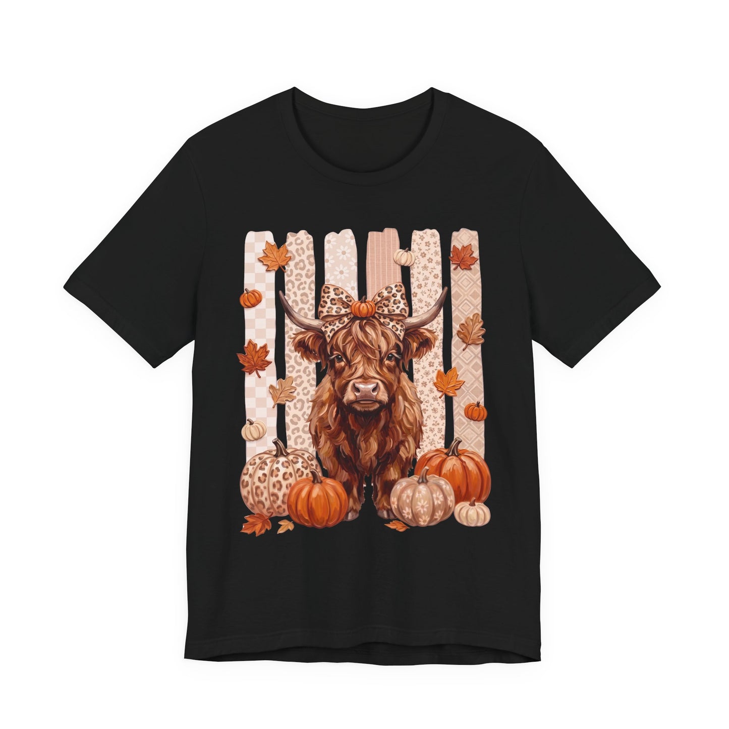Highland Cow Autumn T-Shirt — Pumpkin & Leaves Fall Graphic Tee - 14942