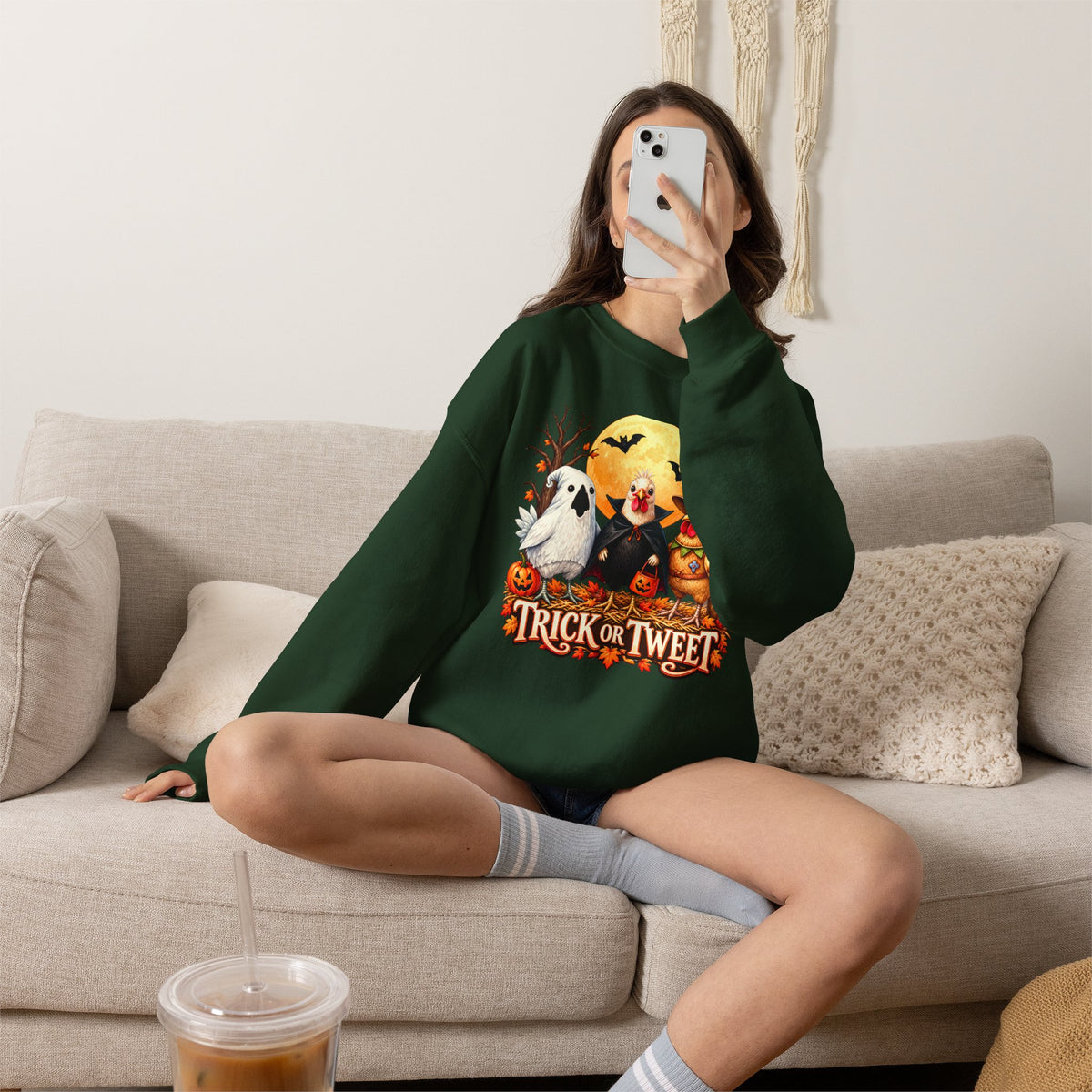 Trick or Tweet Halloween Sweatshirt, Cute Costume Chickens & Ghost Crewneck- 14512