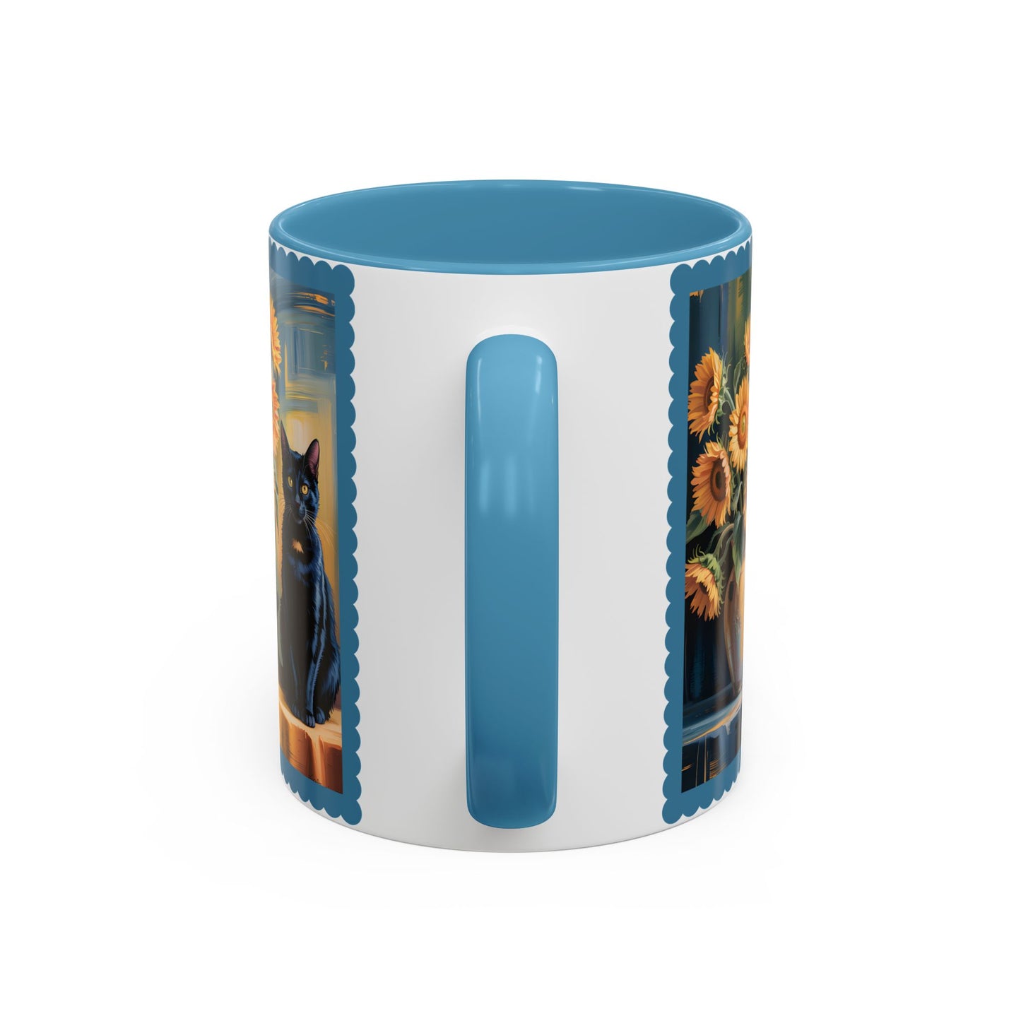 Van Gogh Style Black Cat & Sunflowers Accent Mug – Art Lover Coffee Cup (11oz / 15oz) - 14765