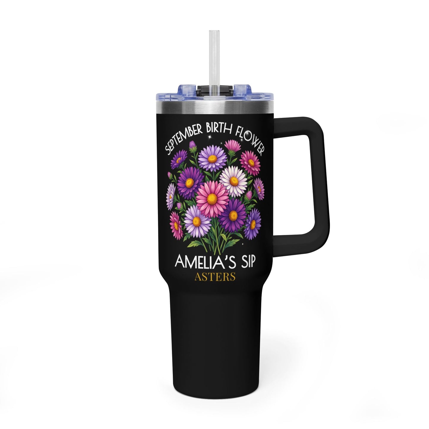 Personalized September Birth Flower 40oz Tumbler, “Amelia’s Sip” Aster Travel Mug - 14930