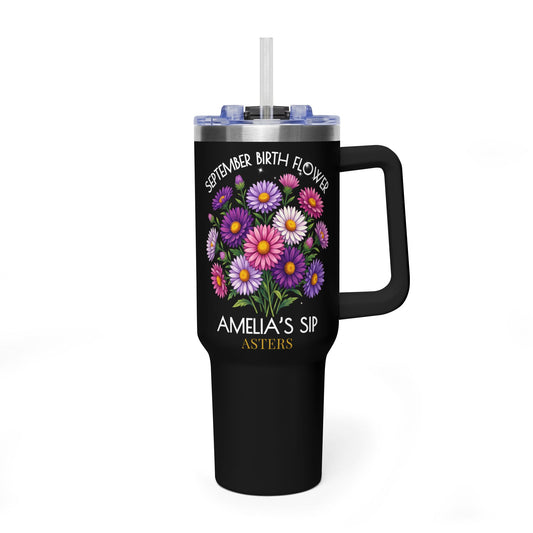 Personalized September Birth Flower 40oz Tumbler, “Amelia’s Sip” Aster Travel Mug - 14930