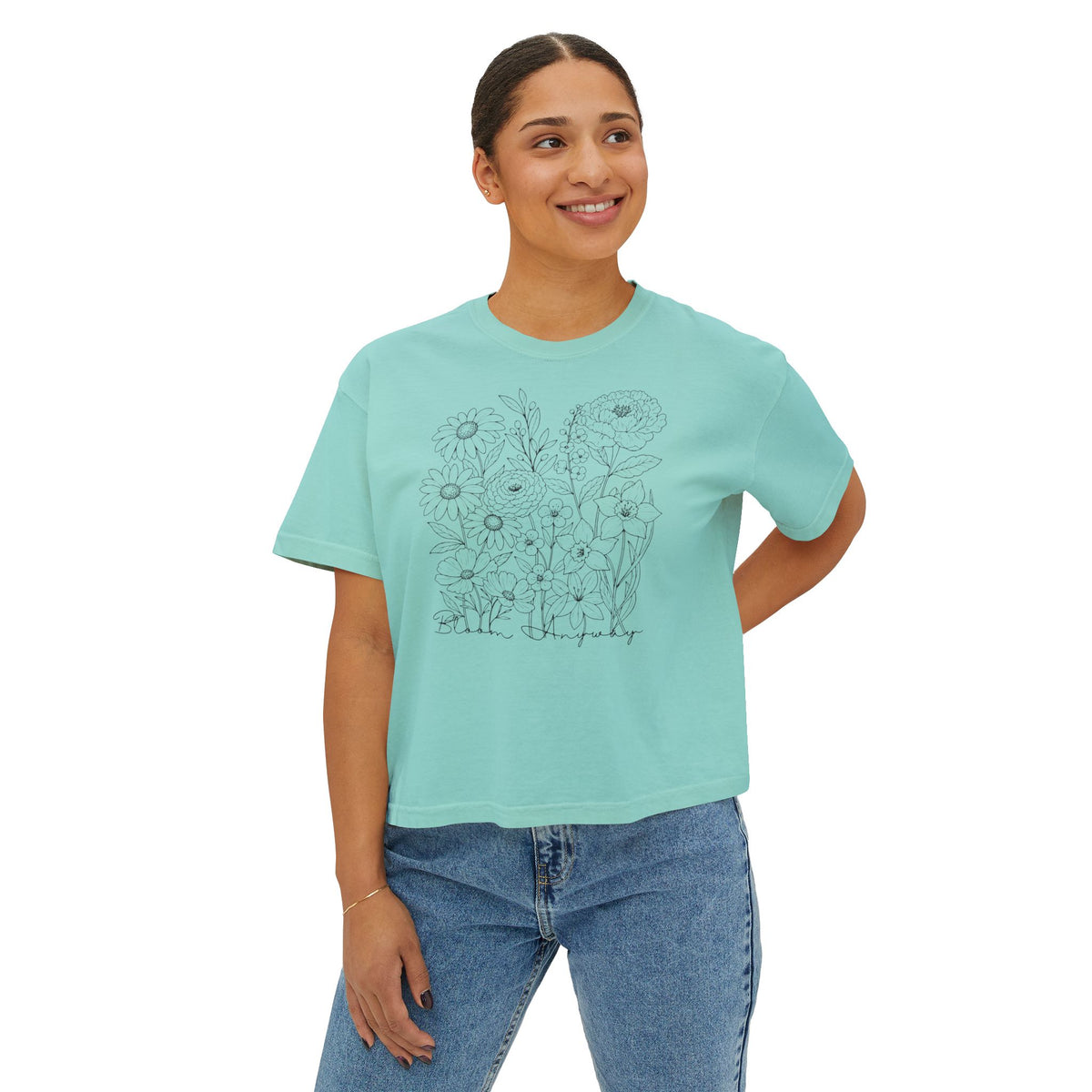Floral Line Art Boxy T-Shirt, Women’s Botanical Sketch Tee - 14987