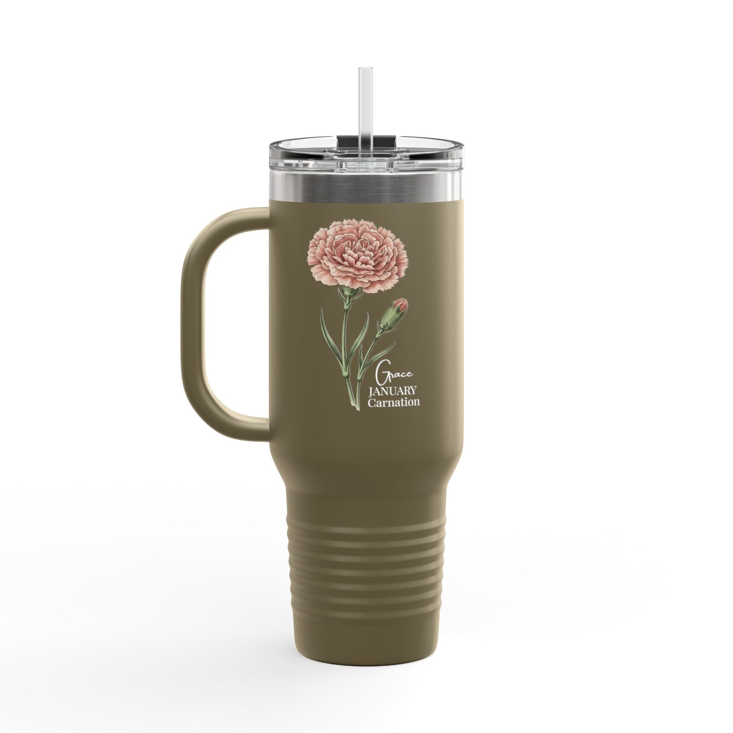 Carnation Floral Tumbler (Expressive) – January Birth Flower Gift | 40oz Insulated Travel Mug, Customizable — 14691