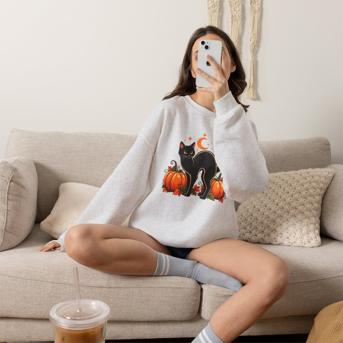 Halloween Black Cat & Pumpkins Sweatshirt, Vintage Autumn Crewneck - 14521