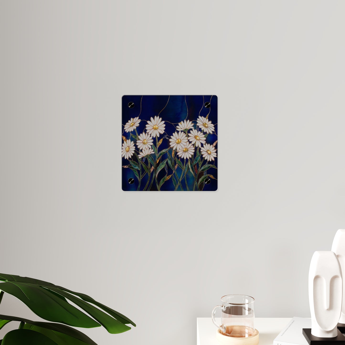 Daisy Stained-Glass Acrylic Wall Art Panel — White Daisies on Deep Blue Background - 14602