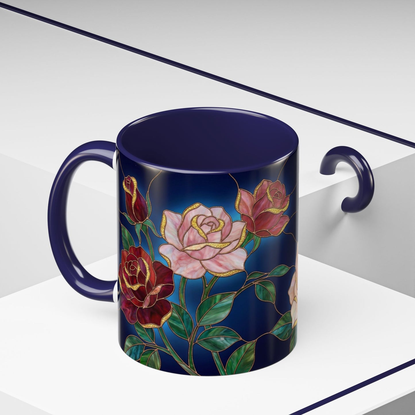 Rose Floral Accent Coffee Mug – Stained Glass Design (11/15oz) - 14551