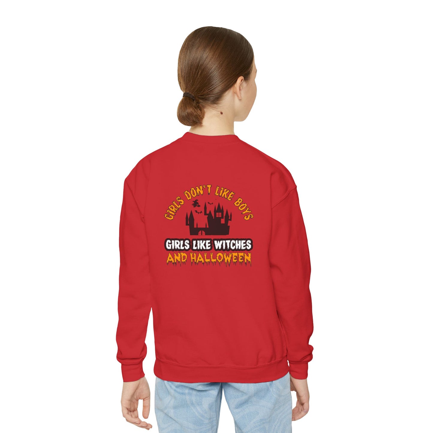 Girls Don't Like Boys. Girls Like Witches and Halloween - Youth Crewneck Sweatshirt