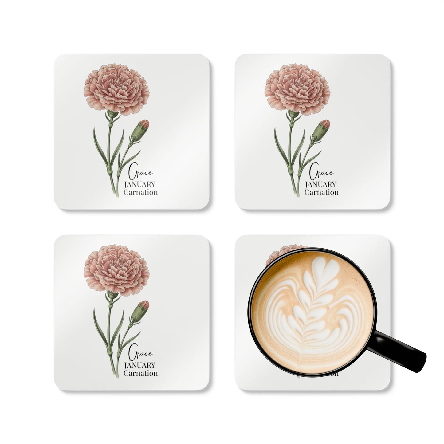 January Birth Flower Carnation Cork Coaster Set – Personalized Name Gift - 14690