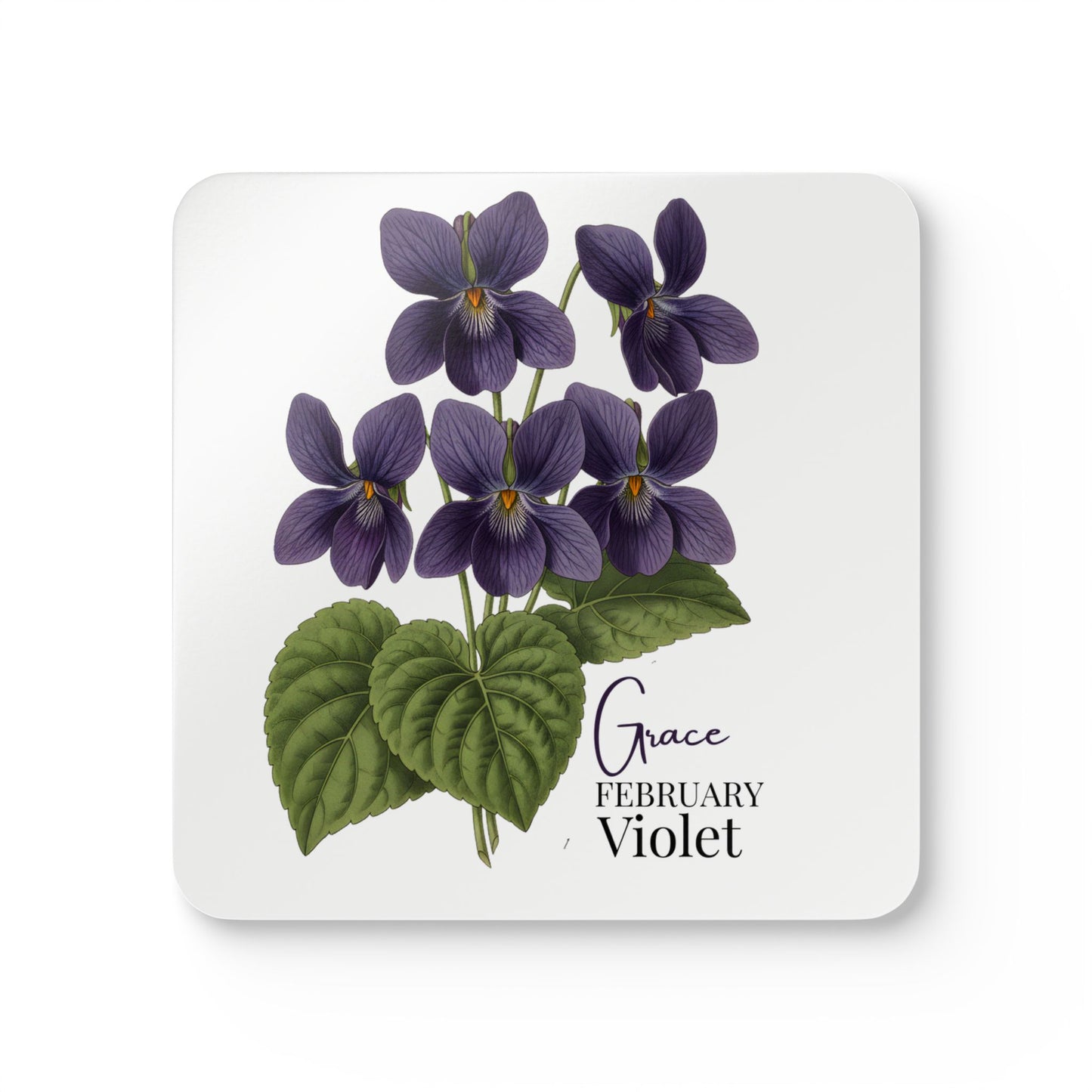 February Birth Flower Violet Cork Coaster Set – Personalized Name Gift - 14689