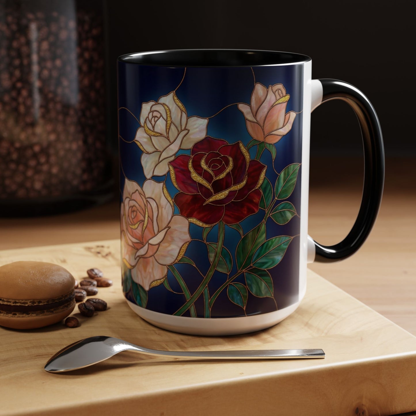 Rose Floral Accent Coffee Mug – Stained Glass Design (11/15oz) - 14551