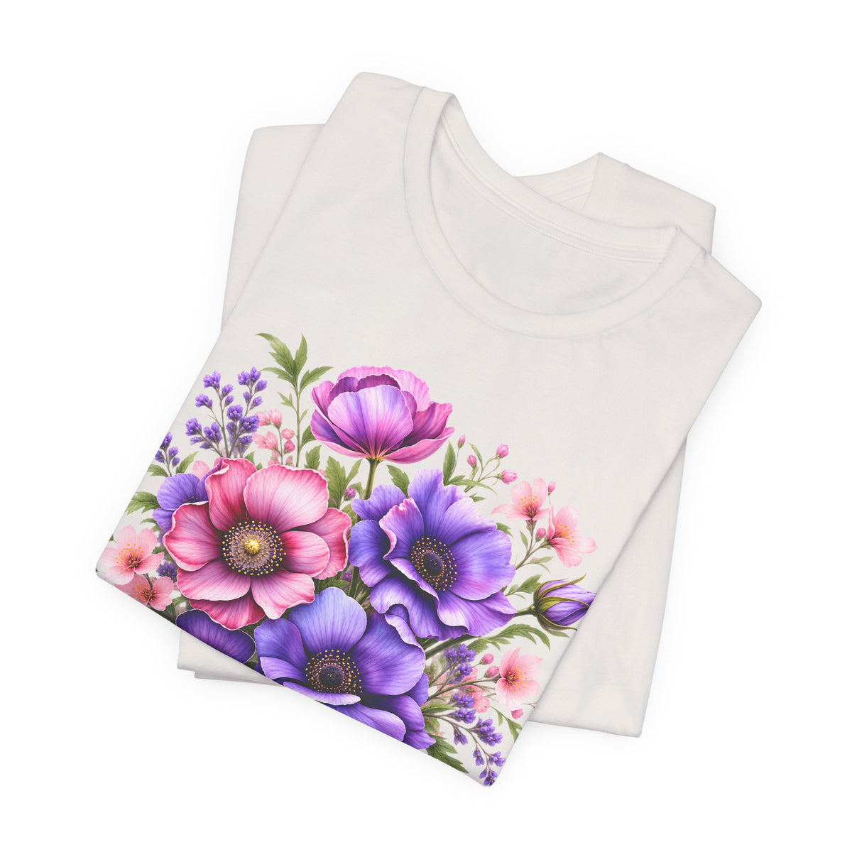 Purple & Pink Floral Bouquet T-Shirt, Colorful Botanical Flower Tee - 14537