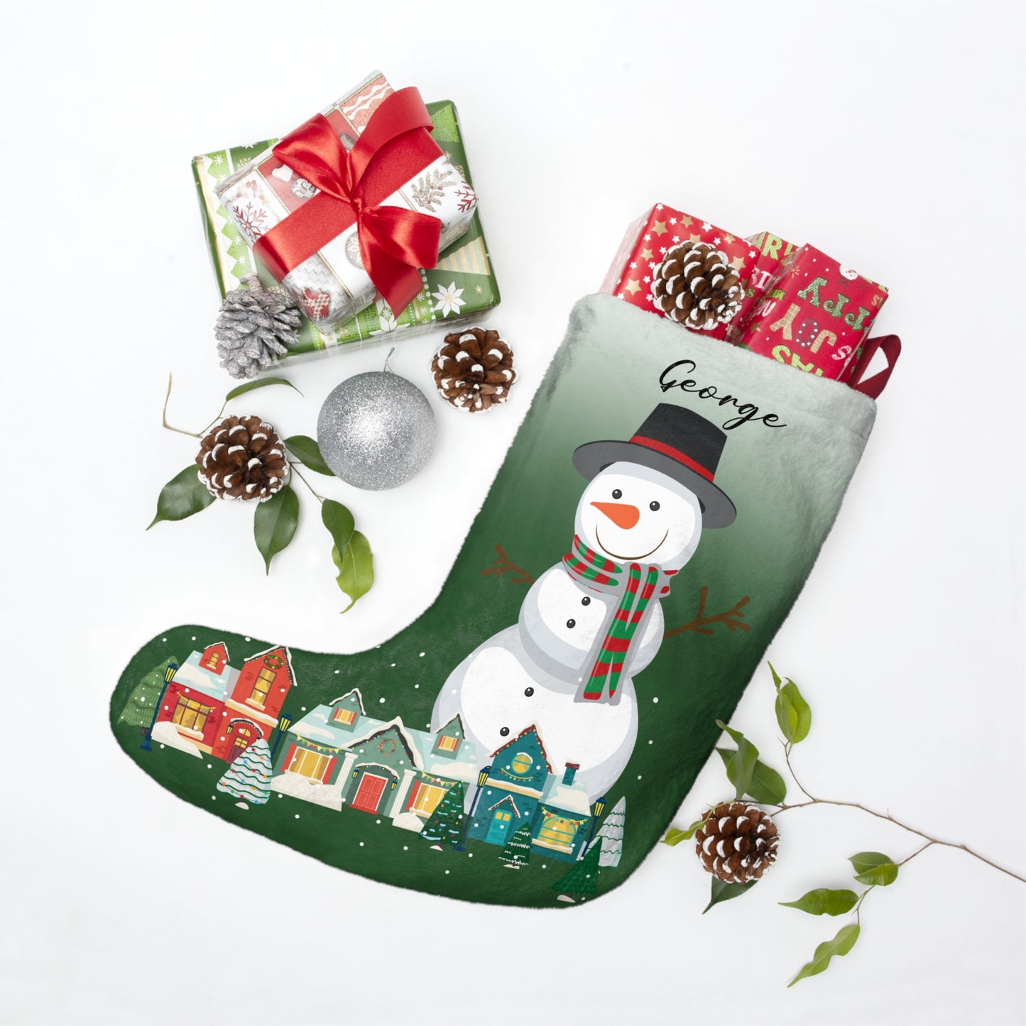 George, Snowman & Houses, Customizable - Christmas Stockings - 10208