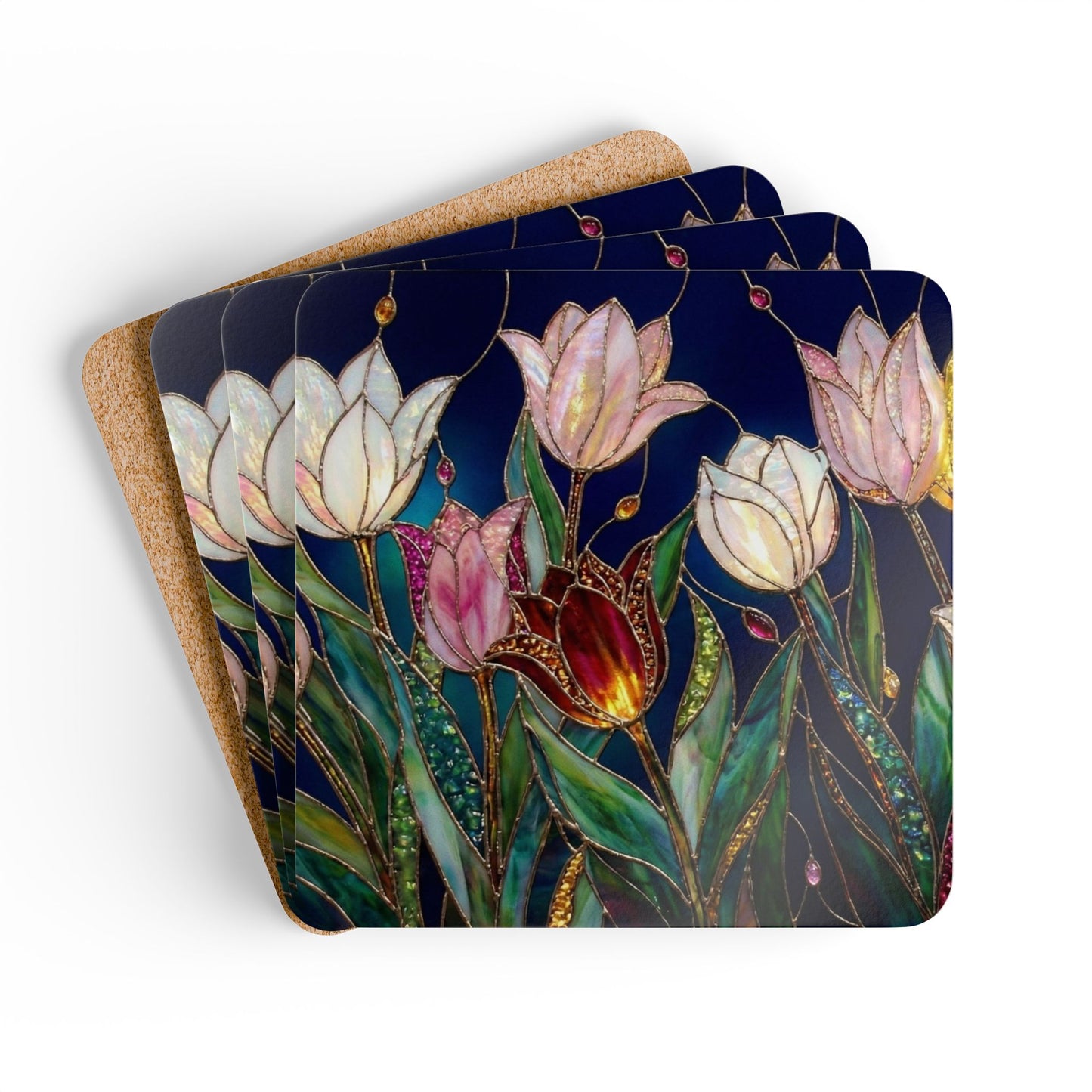 Floral Stained-Glass Tulip Cork Coaster Set — 4-Pack Decorative Drink Coasters - 14593