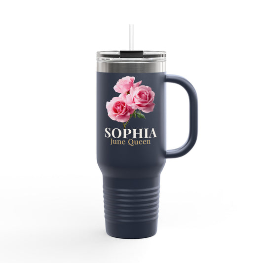 Personalized June Queen 40oz Travel Mug – Custom Name Floral Insulated Tumbler Gift for Her - 14903