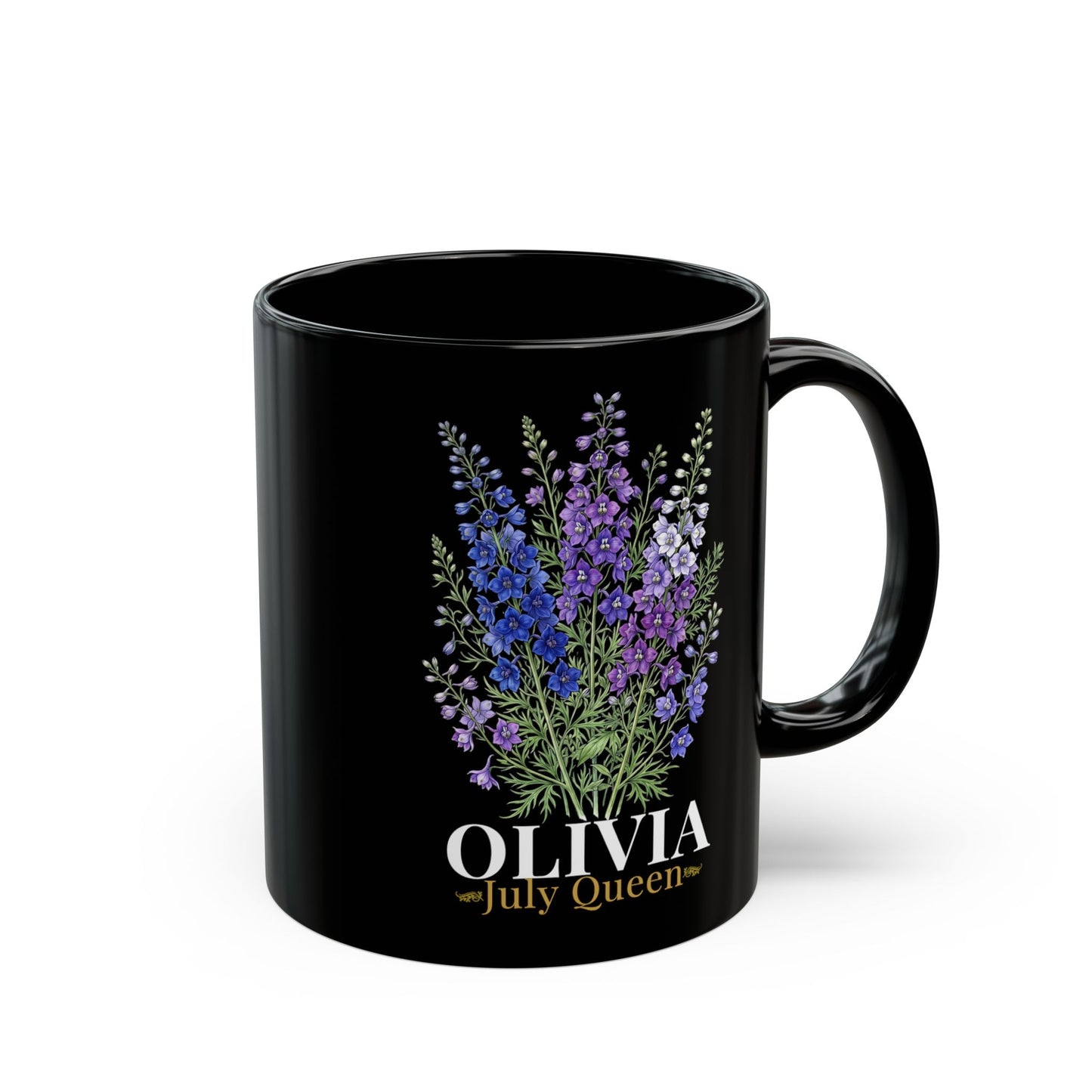 Personalized July Birth Flower Mug – Custom Name Larkspur Floral Coffee Cup, July Queen Gift for Her, Black Mug 11oz 15oz - 14905