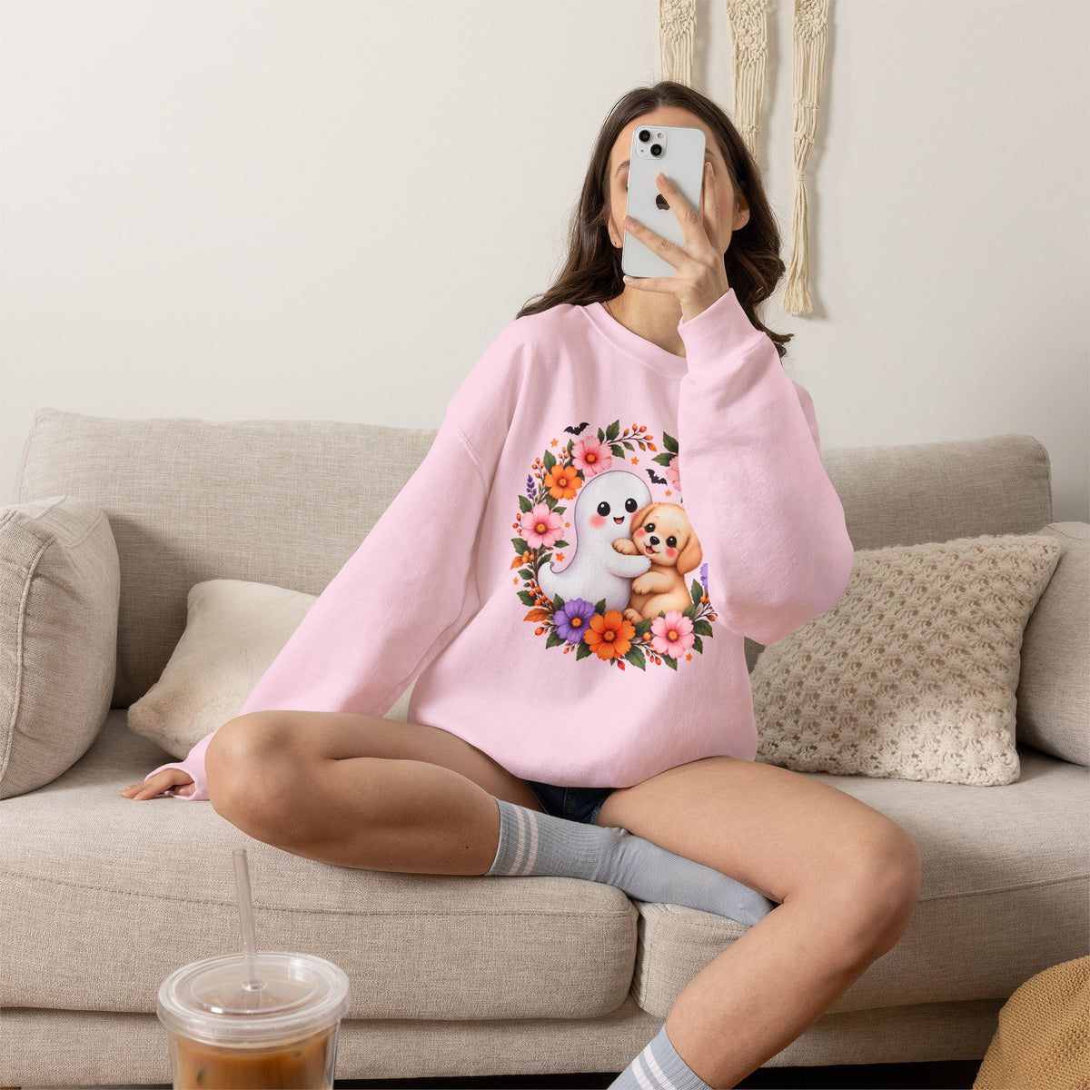 Cute Ghost & Puppy Halloween Sweatshirt,  Floral Crewneck - 14515