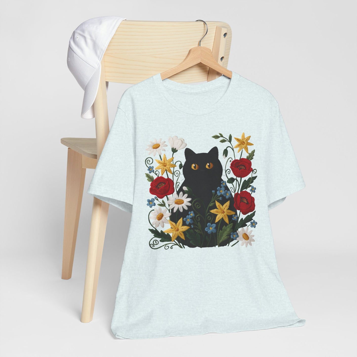 Black Cat in Wildflowers T-Shirt — Floral Cat Tee for Cat Lovers - 14921
