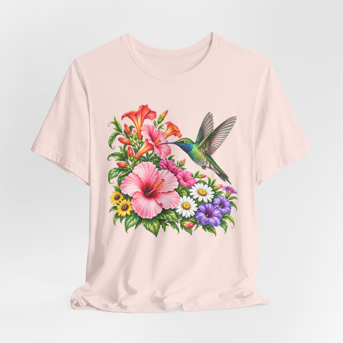 Hummingbird & Hibiscus T-Shirt, Colorful Tropical Floral Garden Tee - 14542
