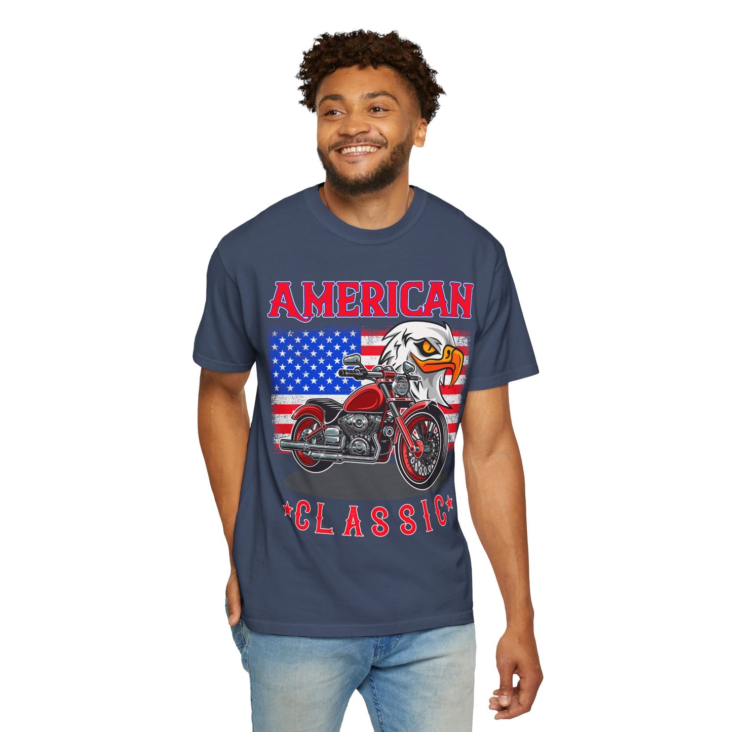 American Classic Tee, Unisex Garment-Dyed T-shirt, Biker Gift, Patriotic Apparel, Rider and Eagle Fashion, Vintage Style - 13658